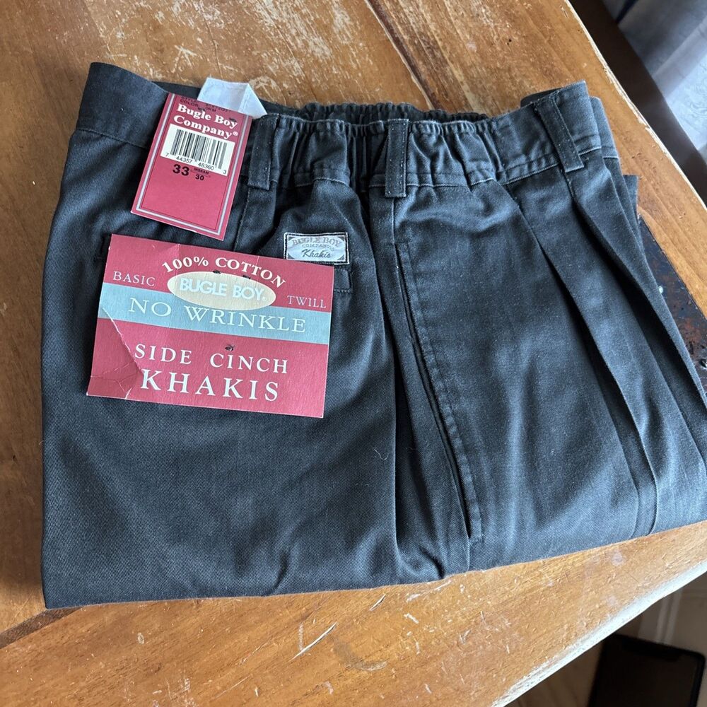 Vintage Bugle Boy Khaki Pants Mens 33x30 Brown NWT Side Cinch 90s Basic Twill